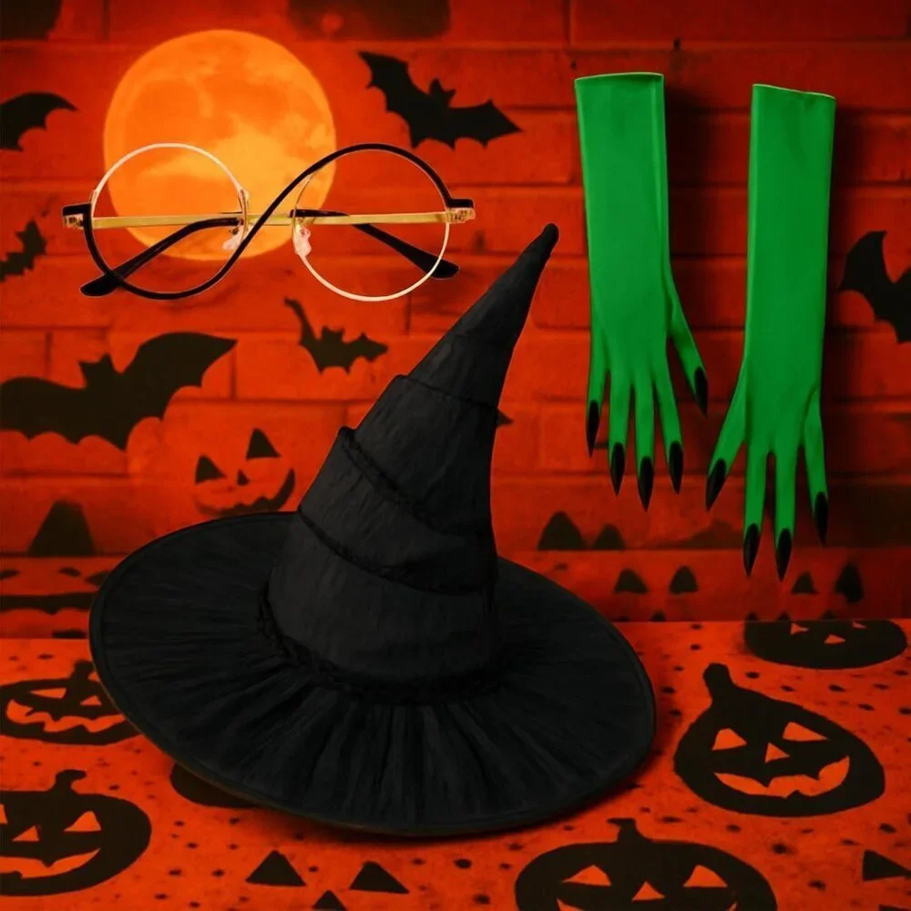 Women Witch Costume Accessory Set Hat Gloves Glasses for Halloween Cosplay